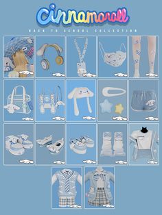 the back to school collection for cinnamolly dolls is shown in blue and white