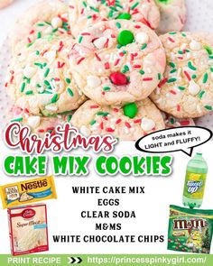 christmas cake mix cookies with sprinkles and white chocolate chips on the side