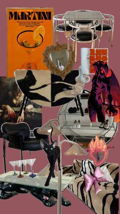 a collage of art and furniture on display