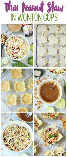 the steps to making wonton cups are shown in this collage with text overlay