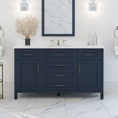 Attention to every detail shows in the Tahoe 60-inch bathroom vanity by OVE Decors, with its premium solid wood construction and modern features built for today’s bathrooms. A handsome Midnight Blue lacquered finish complements its luxurious straight edged slab of engineered marble countertop, with an undermount rectangular sink and matching 3-inch high backsplash. Two single door cabinets plus five dovetailed drawers maximize every inch of storage, including an integrated USB/power bar, hair styling tool compartments, clever customizable drawer organizers plus quality soft close, full extension and tilt down hardware. Sleek satin brass contemporary handles, levelling feet and simple pre-drilled installation makes the Tahoe spacious single sink vanity a solid addition to your bathroom reno 60 Inch Vanity, Cultured Marble Vanity Top, Power Bar, Blue Vanity, Single Sink Vanity, Marble Vanity Tops, Cultured Marble, Single Basin, Single Sink Bathroom Vanity