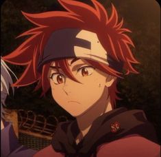 two anime characters one with red hair and the other without his head turned to look like he's looking at something