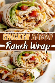 the chicken bacon ranch wrap is cut in half and stacked on top of each other