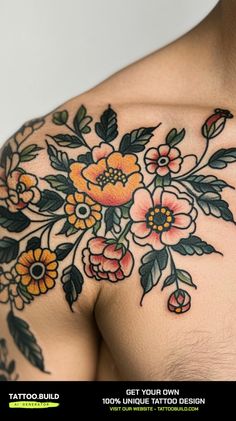 a man's chest with flowers and leaves on it