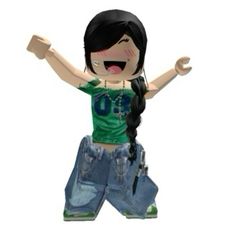 a cartoon girl with her arms up and hands in the air, wearing jeans and a green t - shirt