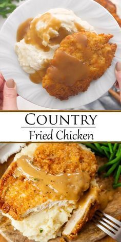 two plates with chicken and mashed potatoes covered in gravy