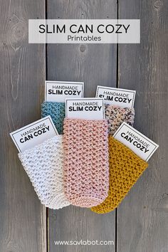 four crocheted dishcloths are shown on a wooden surface with the text slim can cozy printables