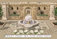 an artistic rendering of a fountain in the middle of a courtyard with roses and potted plants