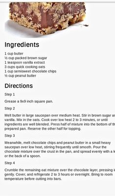 the recipe for chocolate peanut butter bars is shown in this page, with instructions to make it