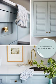 the kitchen cabinets are painted blue and have brass pulls on them, along with a gold faucet