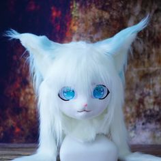 a white cat with blue eyes sitting on top of a table