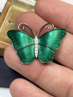 Enamel Butterfly, Butterfly Jewelry, Butterfly Brooch, White Enamel, Vintage Sterling Silver, Norway, Butterflies, Sterling Silver, Green