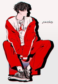 a drawing of a person sitting on the ground wearing red pants and a white shirt