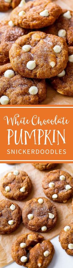 white chocolate pumpkin cookies are stacked on top of each other