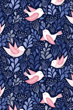 a blue background with pink birds and plants