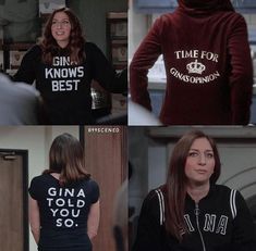 two pictures of the same person in different outfits, one is wearing a hoodie and the other has a t - shirt that says ginna told you so