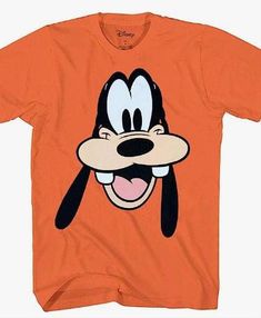 Screen Printed Graphic: These Disney Classic Character shirts feature a large face design that is screen printed in a vivid color that will last wash after wash with no cracking or fading! Goofy Shirt, Goofy Smile, Goofy Face, Orange Tees, Face Design