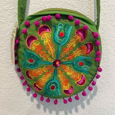 Bamboo Threads Kelly Green Crossbody Bag Circle Purse Vibrant Colorful Embroidery Hot Pink Pom Pom Trim Nwt Drop Is Approximately 25” Green Crossbody Bag, Circle Purse, Pink Pom Pom, Colorful Embroidery, Pom Pom Trim, Kelly Green, Embroidery Art, All In One, Hot Pink