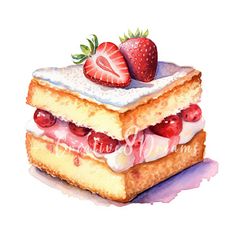 a piece of cake with strawberries on top is shown in this watercolor painting