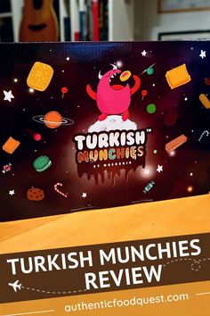 an advertisement for turkish munchies is shown in front of a computer screen with the words,'turkish munchies review'on it