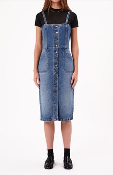 Burnished buttons down the front maintain the classic style of this sleeveless midi dress fashioned from medium-wash denim. Front button closure Square neck Front and back patch pockets Unlined 99% cotton, 1% elastane Machine wash, line dry Imported Fitted Midi Denim Dress With Buttoned Pockets, Cotton Denim Midi Dress With Button Closure, Cotton Midi Denim Dress With Button Closure, Elegant Ribbed Collar Top, Denim Blue Knee-length Dress With Buttoned Pockets, Dark Wash Knee-length Dress With Button Closure, Knee-length Dark Wash Dress With Button Closure, Medium Wash Buttoned Midi Dress, Medium Wash Midi-length Dress With Buttons