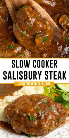 Salisbury steak on a wooden spatula in a slow cooker. Hamburgers And Gravy Crock Pot, Crock Pot Hamburger Steak And Gravy, Crock Pot Hamburger Steak, Ground Beef Crockpot Recipes Slow Cooker, Ground Beef Crockpot Recipes Easy, Crockpot Meals With Ground Beef, Slow Cooker Ground Beef Recipes, Crockpot Salisbury Steak, Crockpot Ground Beef Recipes