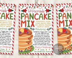 three christmas pancakes with the words homemade, pancake mix and merry holly berry garland