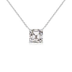 Exuding a sophisticated yet glamorous appeal, this platinum solitaire pendant looks truly timeless. The prong-set asscher-cut diamond exhibits an entrancing pattern of light with its symmetrical step-cut facets.