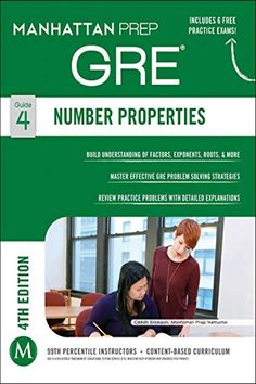 the manhattan prep gre number properties guide is shown in green and has two students working on