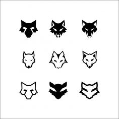 six different types of fox heads in black and white, each with an animal's head