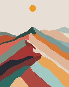 an abstract mountain scene with the sun in the sky and mountains on one side that are multicolored