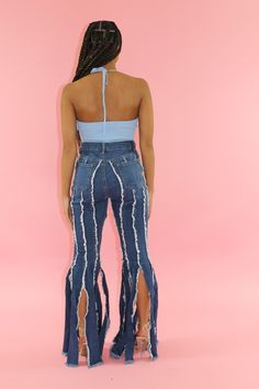 High waisted denim, shredded bottom, with little stretch. 98% Cotton 2% Spandex Model is 5’0 Wearing a Small Stretch Ripped Denim Blue Flare Jeans, Stretch Ripped Flare Jeans In Denim Blue, Ripped Stretch Flare Jeans For Summer, Trendy Fitted Ripped Flare Jeans, Summer Ripped Stretch Flare Jeans, Trendy Stretch Cutoff Jeans, Fitted Ripped Dark Wash Flare Jeans, High Waist Stretch Ripped Flare Jeans, Ripped Fitted Flare Jeans For Summer