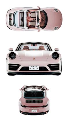 the front and back view of a pink porsche