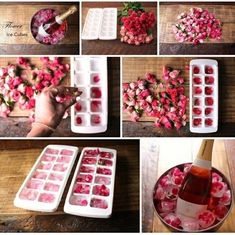 the process of making flower petals out of ice cubes is shown in multiple pictures