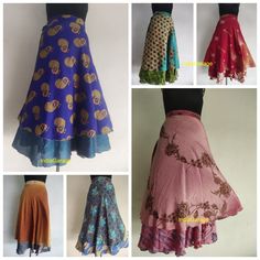 Indian Silk Skirts, Vintage Silk Skirt, Bohemian Skirts, Wrap sari skirts Wholesale Handmade Vintage Indian Silk Maxi Skirt, Bohemian Floral skirt, Hippie Boho skirt, Summer Wrap skirt Double Layer Skirt Upcycled Flamenco Wrap Skirt Indian Silk Long Skirt Women Magic Vintage Beautiful Print Skirts. (Assorted Colors) Beautiful and high quality reversible wrap skirts with two layers gives you two beautiful skirts for the price of one! This skirt is made from Art silk imported from India  This skirt has the unique combination of designs and final touch of thread work on its corners which makes the product look artistically awesome. Tones of fabric that packs down to nothing, so perfect for travelling! Pattern: - Wrap Skirts Premium : -  Art Silk Skirts. Colors : - Assorted colors And design w Bohemian Skirts, Skirt Indian, Silk Skirts, Skirts Wrap, Flowy Skirts, Sari Skirt, Flamenco Skirt, Long Wrap Skirt, Silk Wrap Skirt