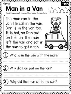 worksheet for reading the man in a van with pictures and words on it