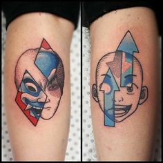 two tattoos on the legs of people with different colored faces and shapes, one has an arrow