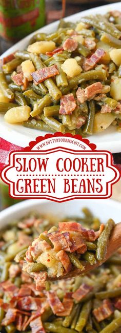 two white plates filled with green beans and bacon on top of each plate is the title text slow cooker green beans