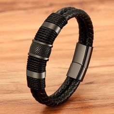 Men’s Leather Rope Wrap Stainless Steel Men’s Bracelet, Size 23 Cm Layered Weave, Bracelet Viking, Rope Wrapped, Genuine Leather Bracelet, Classic Bracelets, Stainless Steel Bangles, Braided Leather Bracelet, Estilo Punk, Mens Leather Bracelet