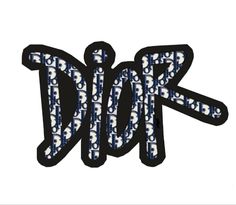 an embroidered patch with the word dior in blue and white letters, on a white background