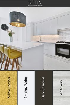 an image of a kitchen with white cabinets and yellow stools in the center, next to a black stove top oven