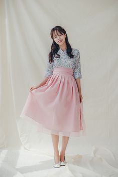 "# As permeating into everyday life, wear hanbok wear Soosulhwa 💛 About 'Soosulhwa' SooSulhwa is a \"handmade\" modern hanbok company that makes hanbok designed with everyday comfort and beauty that fits the current trend. 💛 About Modern Hanbok dress 🎁 Handmade so the body shape looks slim when wearing it as well as the volume. 🎁 Made of 3D patterns, you can wear it naturally as well as with a elegant fit. 🎁 The quality of Hanbok is guaranteed through careful manual work. ✔️ Model : 163cm h Traditional Pink Skirt For Spring, Pink Wrap Skirt, Hanbok Skirt, Modern Hanbok Dress, Hanbok Dress, Blue Flower Pattern, Modern Hanbok, Manual Work, Pink Wrap