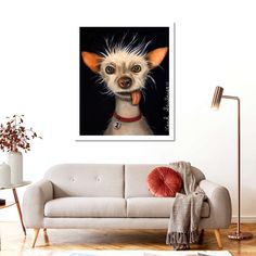 a painting of a dog sticking its tongue out in front of a couch with a rug on the floor