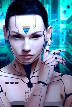 a futuristic woman holding her hands to her face