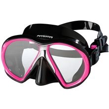 the scuba goggles are purple and black