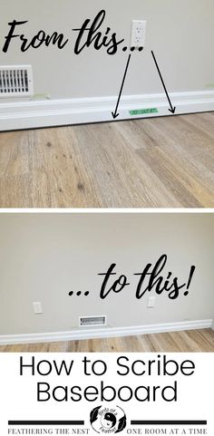 the before and after photo shows how to paint a baseboard in an empty room