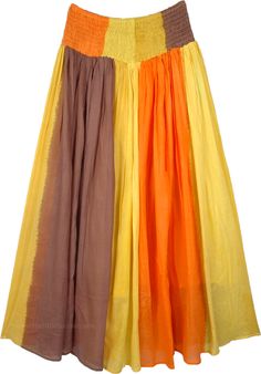 A bold and beautiful long ankle-length skirt in vertical shades of solid yellow, orange and brown made from soft and comfortable cotton voile fabric with a wide smocked waist. It comes with 3/4 lining and you can wear it in every season. Pair it with an embroidered blouse or tie-dyed boho t-shirt. An uber-chic skirt for a romantic evening walk or a fun day out with friends, this skirt will make an amazing outfit all year long. Match stylish gypsy-style jewelry to complete the look. Bridesmaids Outfits, Dress Types, Yellow Maxi Skirts, Long Tiered Skirt, Long Skirt Casual, Long Wrap Skirt, Long Flowy Skirt, Long Skirt Summer, Chic Skirt