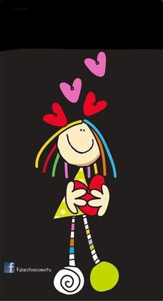 a cartoon girl holding a cell phone with hearts coming out of her head and arms