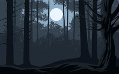 a dark forest with trees and the moon in the sky above it is lit up