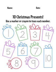 christmas presentes worksheet with numbers to 10